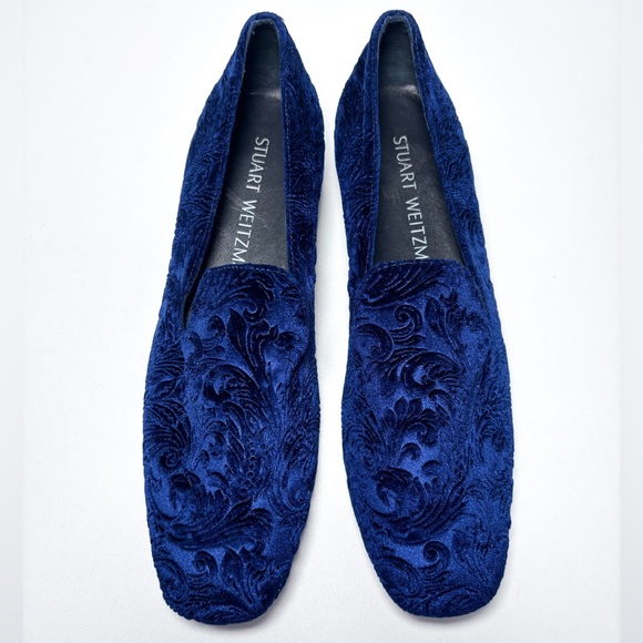 Stuart Weitzman Arkyflat Sapphire Navy Blue Velvet Jacquard Slip On Dress Loafer